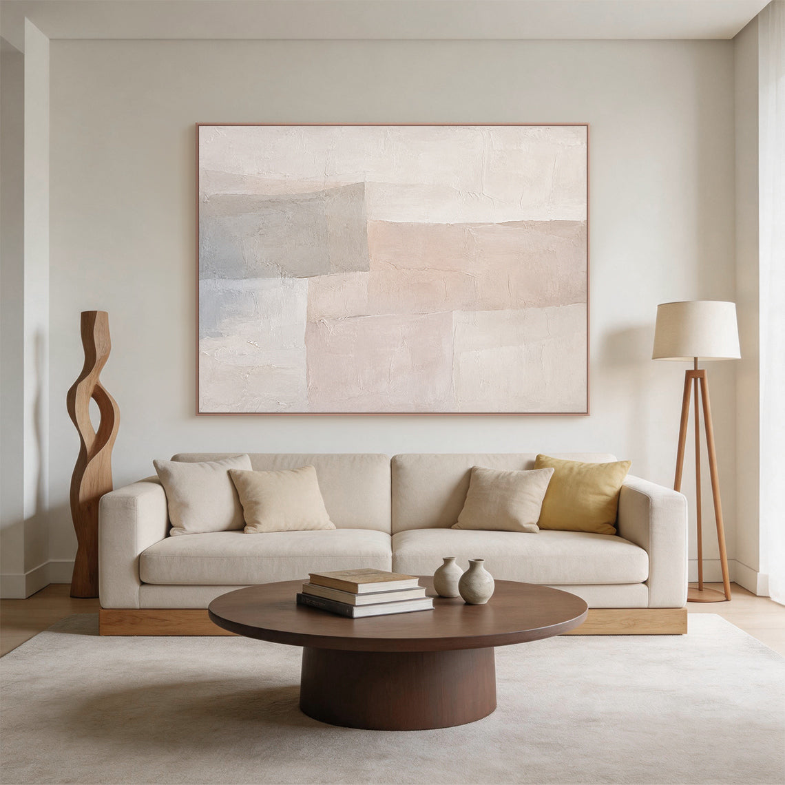 Beige 3D Textured Wabi Sabi Abstract Japandi Canvas Wall Art AURA701 Living Room Scene Display, handcrafted with thick impasto plaster layers, features irregular geometric blocks in muted neutral beige tones including warm off-white, soft pale blush beige and cool light gray. The surface has visible natural cracks, raised uneven ridges and hand-applied knife stroke textures, delivering a tactile sculpted non-print finish, shown hung in a minimalist neutral space to intuitively present its decorative matchin