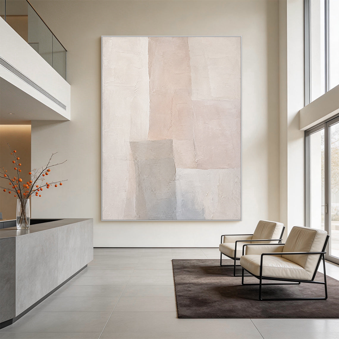 Beige 3D Textured Wabi Sabi Abstract Japandi Canvas Wall Art AURA701, handcrafted with thick impasto plaster layers, features irregular geometric blocks in muted neutral beige tones including warm off-white, soft pale blush beige and cool light gray. The surface has visible natural cracks, raised uneven ridges and hand-applied knife stroke textures, delivering a tactile sculpted non-print finish, perfect for minimalist calm curated living spaces.
