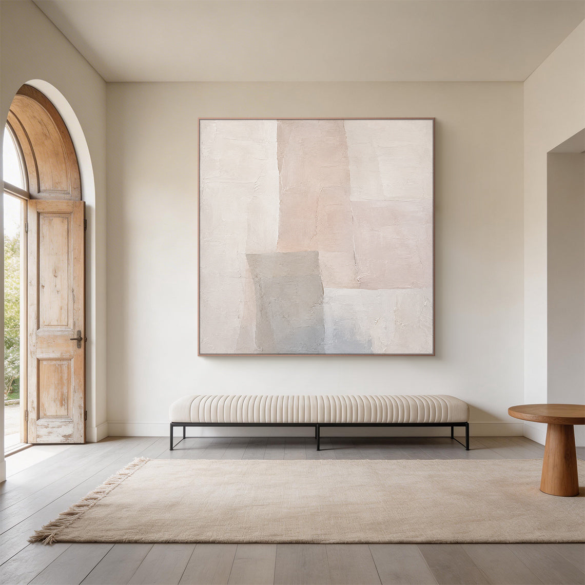 Beige 3D Textured Wabi Sabi Abstract Japandi Canvas Wall Art AURA701, handcrafted with thick impasto plaster layers, features irregular geometric blocks in muted neutral beige tones including warm off-white, soft pale blush beige and cool light gray. The surface has visible natural cracks, raised uneven ridges and hand-applied knife stroke textures, delivering a tactile sculpted non-print finish, perfect for minimalist calm curated living spaces.