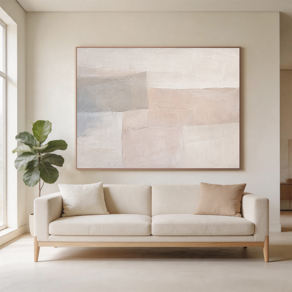 Beige 3D Textured Wabi Sabi Abstract Japandi Canvas Wall Art AURA701, handcrafted with thick impasto plaster layers, features irregular geometric blocks in muted neutral beige tones including warm off-white, soft pale blush beige and cool light gray. The surface has visible natural cracks, raised uneven ridges and hand-applied knife stroke textures, delivering a tactile sculpted non-print finish, perfect for minimalist calm curated living spaces.