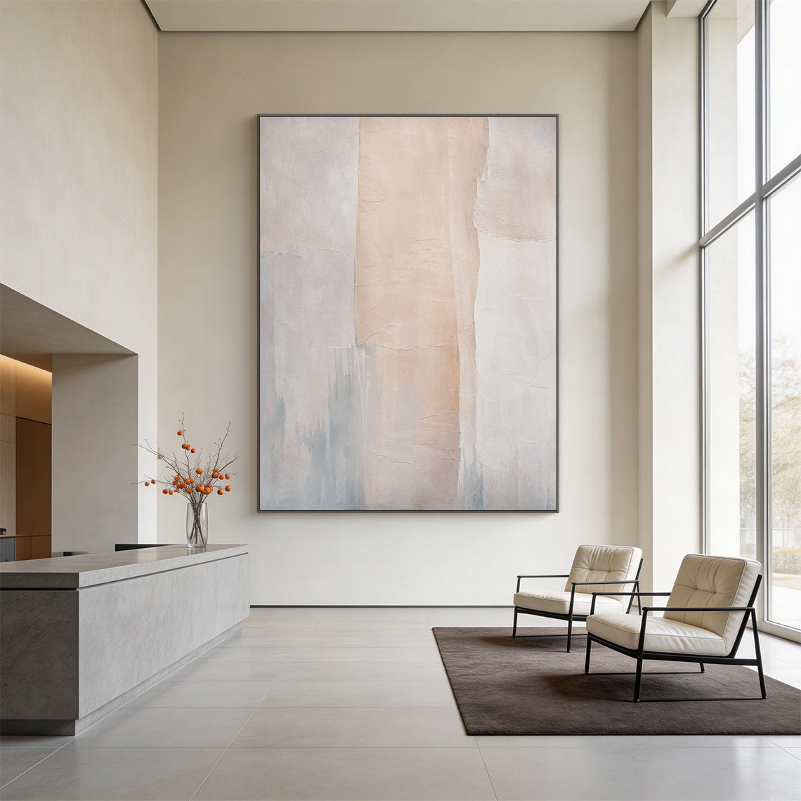 Beige 3D textured wabi-sabi abstract canvas wall art (SKU: AURA702). Crafted with thick impasto technique, it comes with natural cracked uneven tactile surface, takes multi-shade beige, soft off-white as the main palette, accented with hazy cool grey misty distant city skyline or mountain silhouettes at the bottom. Irregular vertical color blocks form its minimalist composition, delivers calm serene vibe, perfectly fits Japandi, minimalist, Scandinavian neutral home interior decoration.