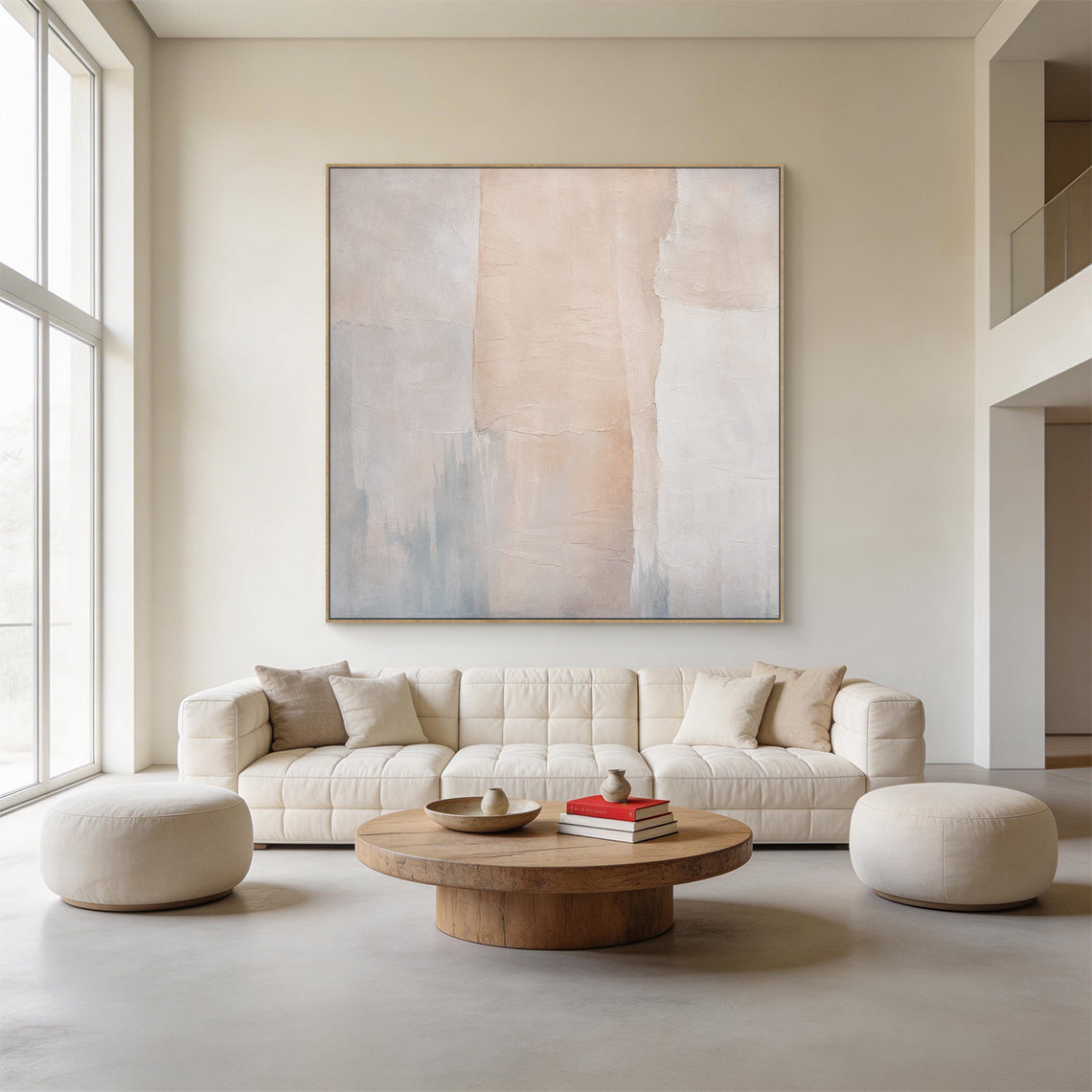 Beige 3D textured wabi-sabi abstract canvas wall art (SKU: AURA702). Crafted with thick impasto technique, it comes with natural cracked uneven tactile surface, takes multi-shade beige, soft off-white as the main palette, accented with hazy cool grey misty distant city skyline or mountain silhouettes at the bottom. Irregular vertical color blocks form its minimalist composition, delivers calm serene vibe, perfectly fits Japandi, minimalist, Scandinavian neutral home interior decoration.