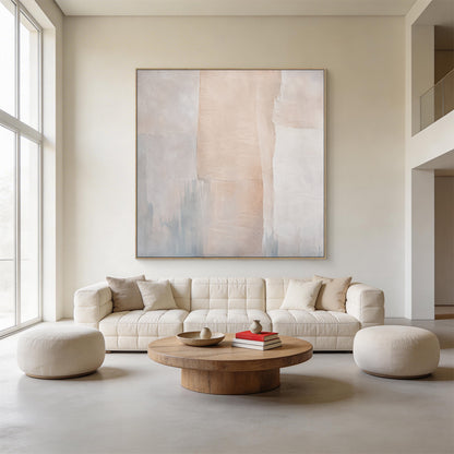 Beige 3D textured wabi-sabi abstract canvas wall art (SKU: AURA702). Crafted with thick impasto technique, it comes with natural cracked uneven tactile surface, takes multi-shade beige, soft off-white as the main palette, accented with hazy cool grey misty distant city skyline or mountain silhouettes at the bottom. Irregular vertical color blocks form its minimalist composition, delivers calm serene vibe, perfectly fits Japandi, minimalist, Scandinavian neutral home interior decoration.