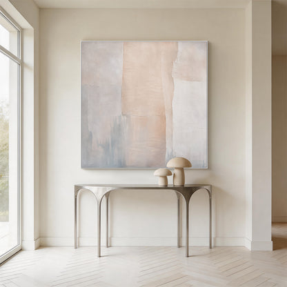 Beige 3D textured wabi-sabi abstract canvas wall art (SKU: AURA702) Japandi bedroom bedside hanging display. Crafted with thick impasto technique with natural cracked uneven tactile surface, it adopts multi-shade beige and soft off-white as the main palette, accented with hazy cool grey misty distant city skyline or mountain silhouettes at the bottom. Its minimalist composition made of irregular vertical color blocks delivers a calm relaxing vibe suitable for rest spaces, the scene intuitively shows its per