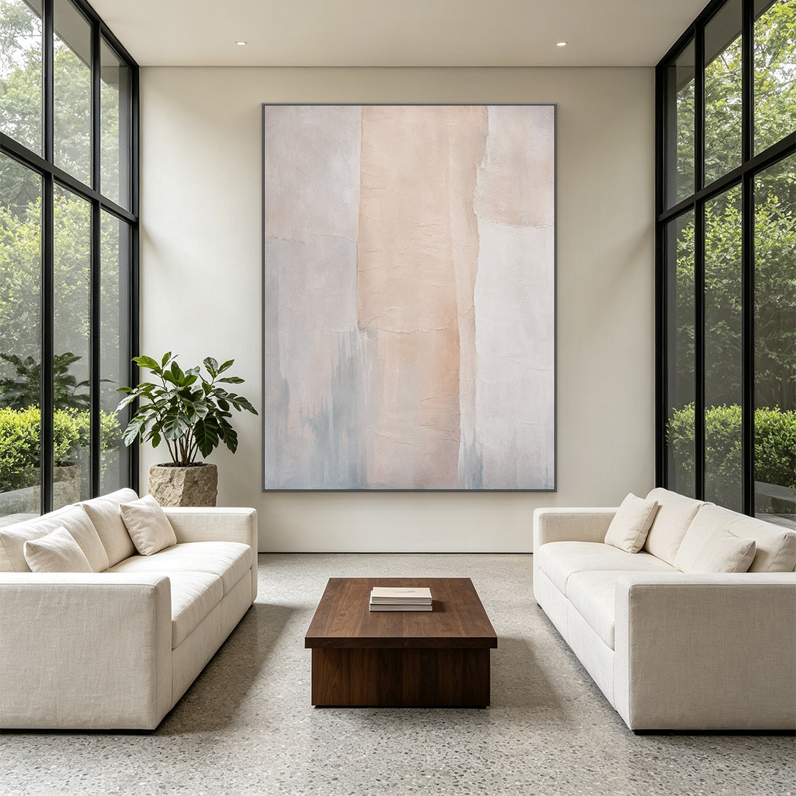 Beige 3D textured wabi-sabi abstract canvas wall art (SKU: AURA702) Japandi living room hanging display. Crafted with thick impasto technique with natural cracked uneven tactile surface, it adopts multi-shade beige and soft off-white as the main palette, accented with hazy cool grey misty distant city skyline or mountain silhouettes at the bottom. Its minimalist composition made of irregular vertical color blocks delivers a calm serene vibe, the scene intuitively shows its perfect matching effect with log f