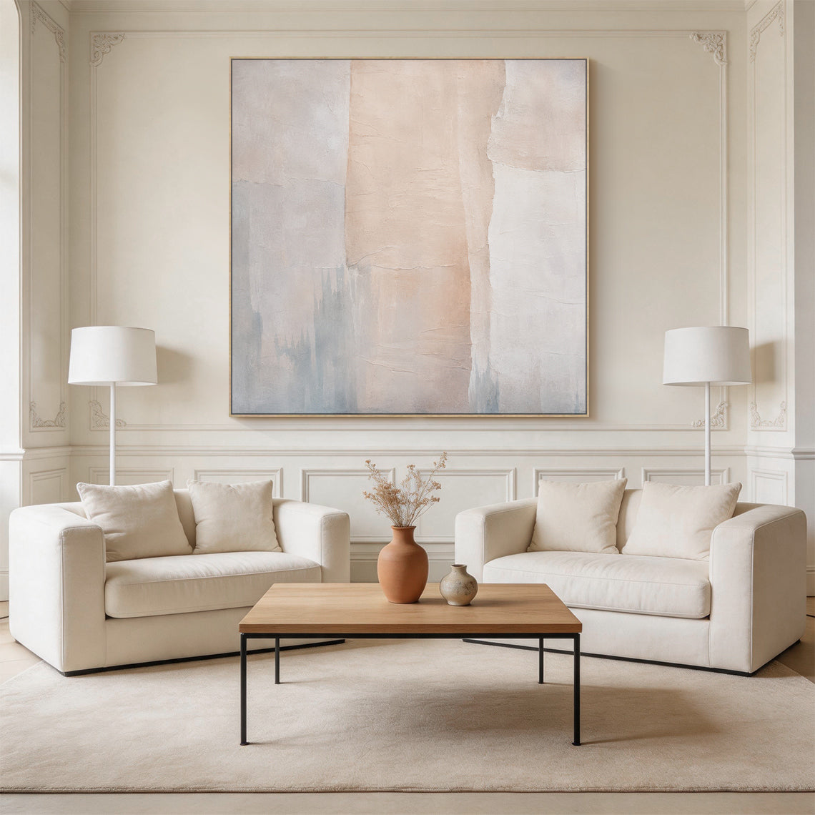 Beige 3D textured wabi-sabi abstract canvas wall art (SKU: AURA702) Japandi living room hanging display. Crafted with thick impasto technique with natural cracked uneven tactile surface, it adopts multi-shade beige and soft off-white as the main palette, accented with hazy cool grey misty distant city skyline or mountain silhouettes at the bottom. Its minimalist composition made of irregular vertical color blocks delivers a calm serene vibe, the scene intuitively shows its perfect matching effect with log f