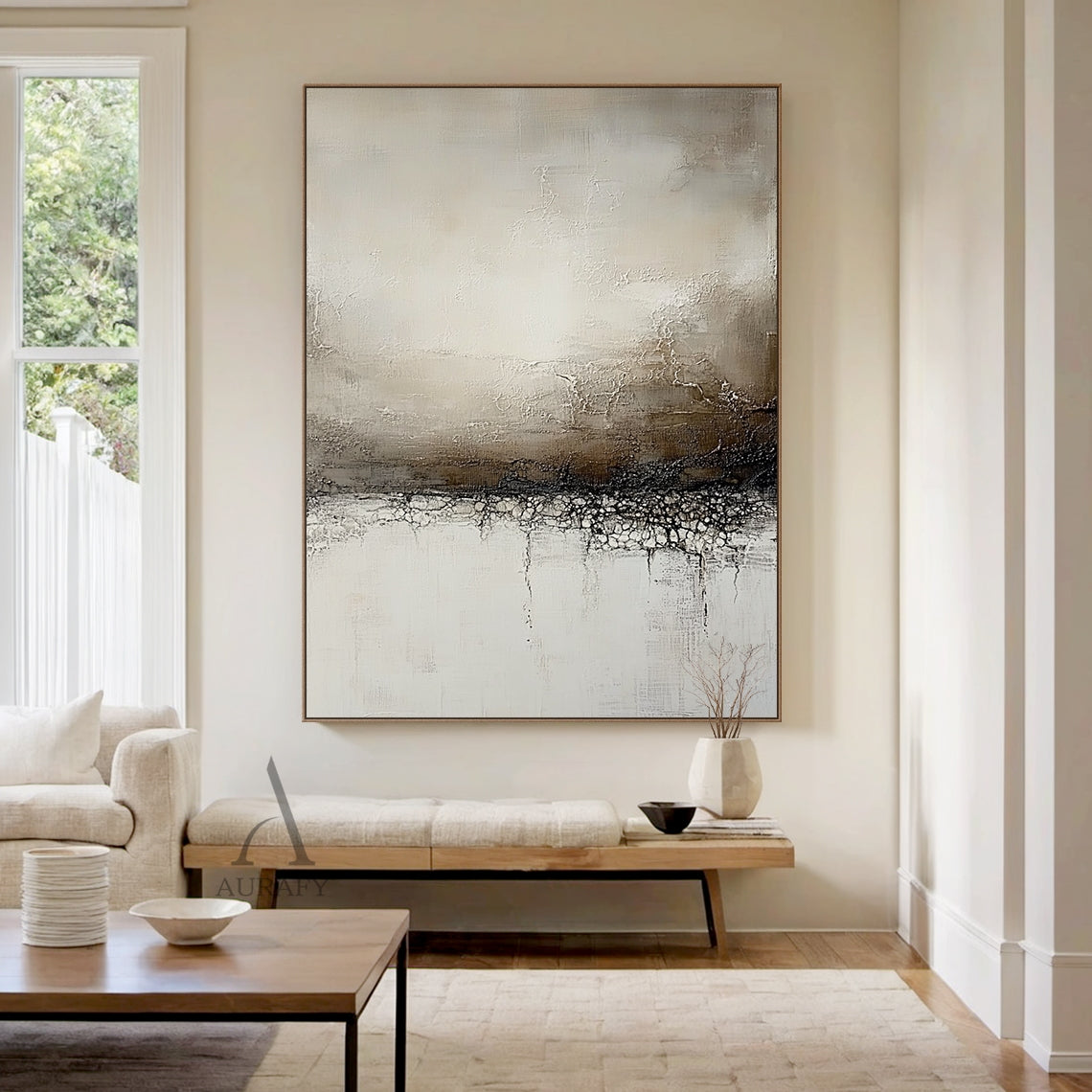 Beige neutral abstract canvas wall art AURA632, home installation scene shot, horizontal layered composition with muted color palette of off-white, light brown, dark brown and near black. Features obvious crackle texture on the middle dark band, thick impasto layers, visible brush and scratch marks on upper area, dripping paint lines on lower part, Japandi wabi-sabi modern organic tactile decorative artwork.