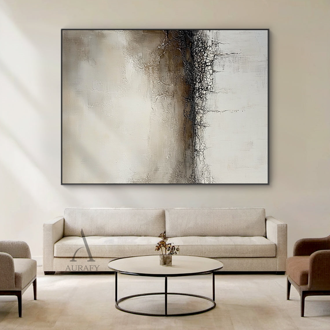 Beige neutral abstract canvas wall art AURA632, home installation scene shot, horizontal layered composition with muted color palette of off-white, light brown, dark brown and near black. Features obvious crackle texture on the middle dark band, thick impasto layers, visible brush and scratch marks on upper area, dripping paint lines on lower part, Japandi wabi-sabi modern organic tactile decorative artwork.