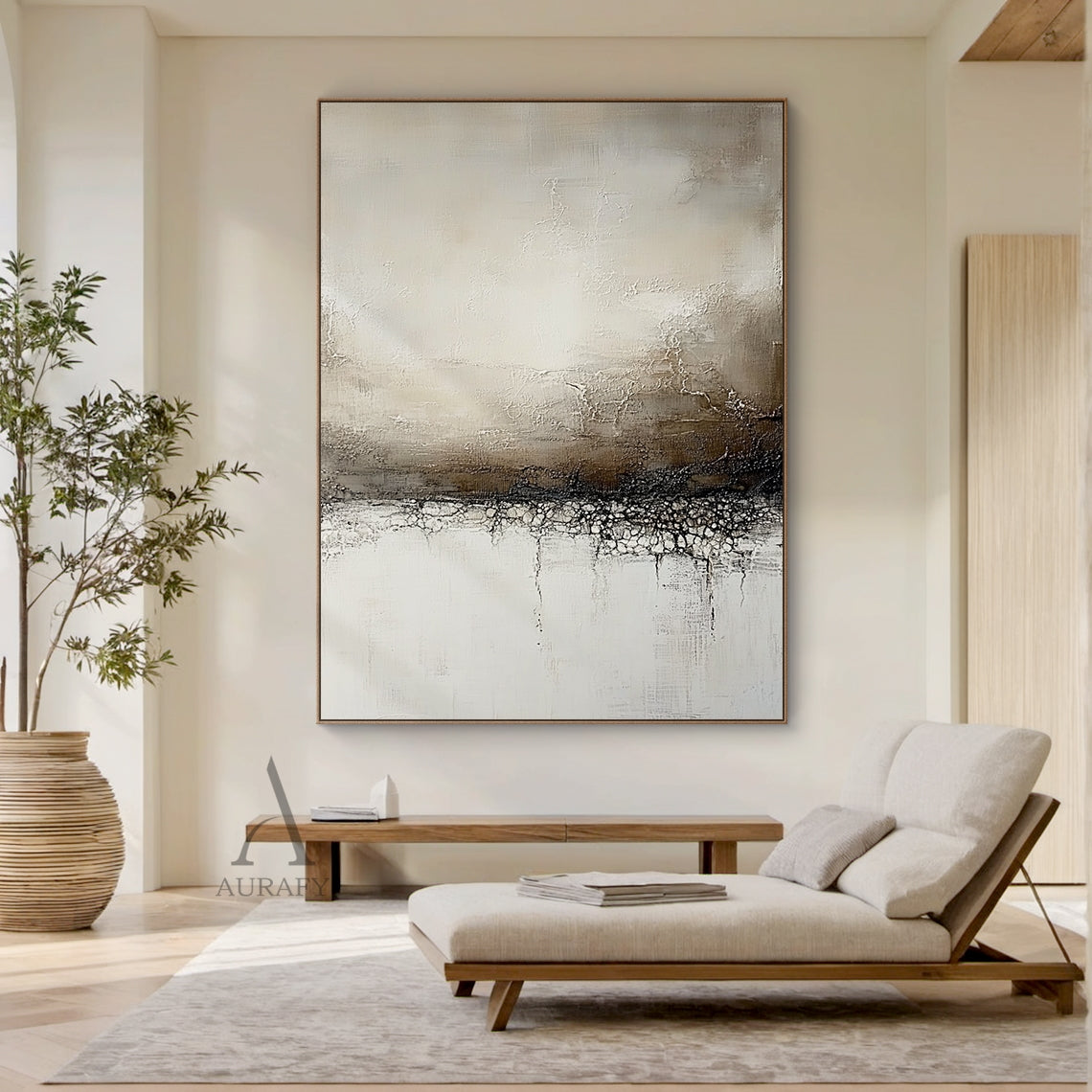 Beige neutral general abstract canvas wall art AURA632, horizontal layered composition with muted color palette of off-white, light brown, dark brown and near black. Features obvious crackle texture on the middle dark band, thick impasto layers, visible brush and scratch marks on upper area, dripping paint lines on lower part, Japandi wabi-sabi modern organic tactile artwork.