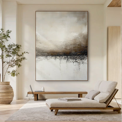 Beige neutral general abstract canvas wall art AURA632, horizontal layered composition with muted color palette of off-white, light brown, dark brown and near black. Features obvious crackle texture on the middle dark band, thick impasto layers, visible brush and scratch marks on upper area, dripping paint lines on lower part, Japandi wabi-sabi modern organic tactile artwork.