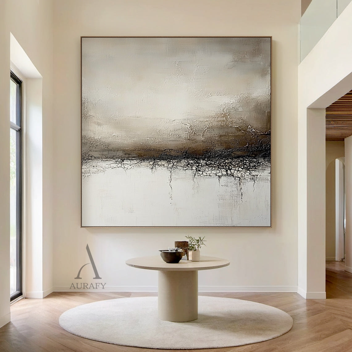 Beige neutral general abstract canvas wall art AURA632, horizontal layered composition with muted color palette of off-white, light brown, dark brown and near black. Features obvious crackle texture on the middle dark band, thick impasto layers, visible brush and scratch marks on upper area, dripping paint lines on lower part, Japandi wabi-sabi modern organic tactile artwork.