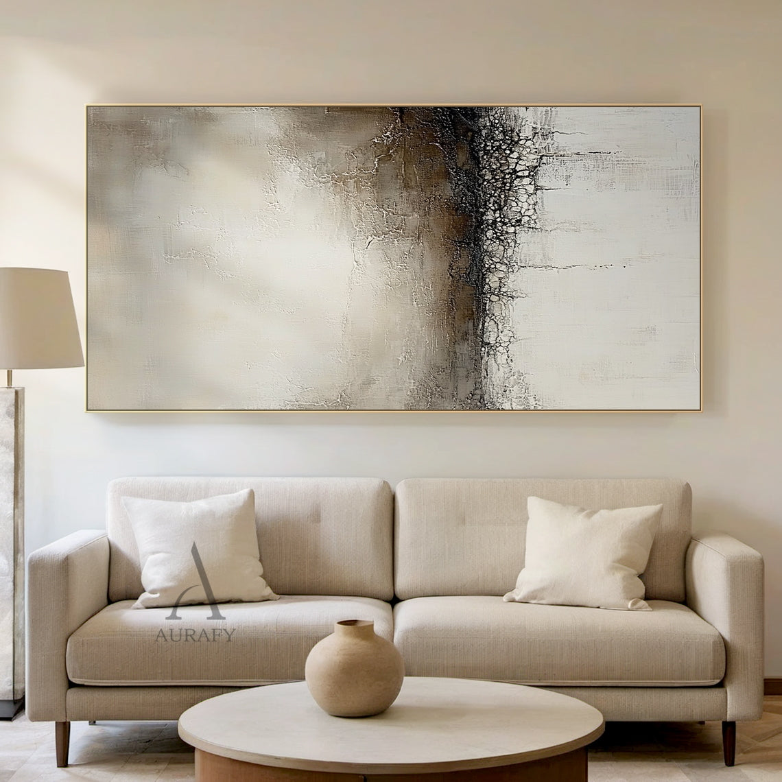 Beige neutral general abstract canvas wall art AURA632, horizontal layered composition with muted color palette of off-white, light brown, dark brown and near black. Features obvious crackle texture on the middle dark band, thick impasto layers, visible brush and scratch marks on upper area, dripping paint lines on lower part, Japandi wabi-sabi modern organic tactile artwork.