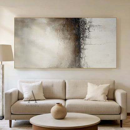 Beige neutral general abstract canvas wall art AURA632, horizontal layered composition with muted color palette of off-white, light brown, dark brown and near black. Features obvious crackle texture on the middle dark band, thick impasto layers, visible brush and scratch marks on upper area, dripping paint lines on lower part, Japandi wabi-sabi modern organic tactile artwork.