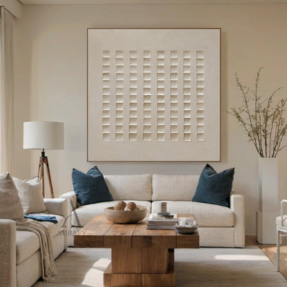 AurafyArt AURA633 abstract beige plaster wall art, monochromatic warm muted beige tone, features high-relief structured grid design with 8 neat vertical columns of recessed square blocks, has subtle cement-like textured plaster surface, light casts soft shifting shadows on the concave-convex details, modern minimalist wabi-sabi general abstract decorative artwork for Japandi and minimalist interior spaces.