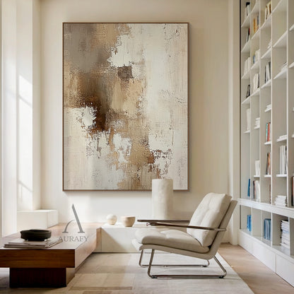 AURA634 abstract beige textured canvas wall art home display shot, the artwork is installed on a light plain wall to present its real decorative effect in actual space. It features a neutral palette of soft beige, layered varying tan brown shades and warm off-white with gentle color transitions. The surface has clear handcrafted texture with visible thick impasto, scratch, and paint stacking brush strokes, blending uneven paint texture with canvas base texture. It has no specific figurative elements, compos