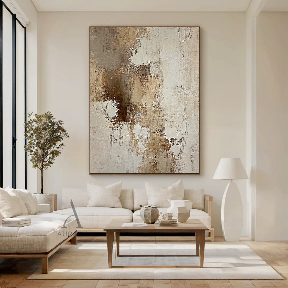 AURA634 abstract beige textured canvas wall art entryway display shot, the artwork is mounted on a light textured wall above a log entryway bench to show its real decorative effect in actual daily home space. It features a neutral palette of soft beige, layered varying tan brown shades and warm off-white with gentle natural color transitions. The surface has obvious handcrafted texture with visible thick impasto, scratch traces and paint stacking brush strokes, perfectly blending the uneven hand-painted tex