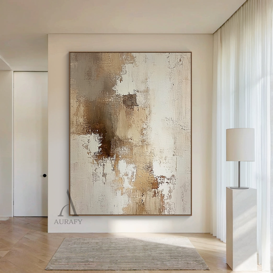 AURA634 abstract beige textured canvas wall art, features a neutral palette of soft beige, layered varying tan brown shades and warm off-white with gentle color transitions. The surface has clear handcrafted texture with visible thick impasto, scratch, and paint stacking brush strokes, blending uneven paint texture with canvas base texture. It has no specific figurative elements, composed of irregular abstract color blocks and loose texture patches, presenting a minimalist warm abstract style suitable for N