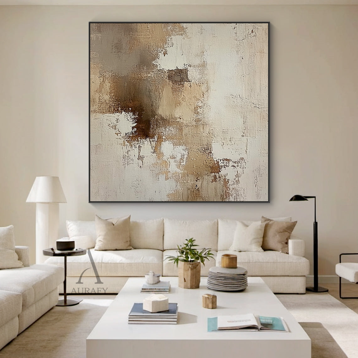 AURA634 abstract beige textured canvas wall art, features a neutral palette of soft beige, layered varying tan brown shades and warm off-white with gentle color transitions. The surface has clear handcrafted texture with visible thick impasto, scratch, and paint stacking brush strokes, blending uneven paint texture with canvas base texture. It has no specific figurative elements, composed of irregular abstract color blocks and loose texture patches, presenting a minimalist warm abstract style suitable for N