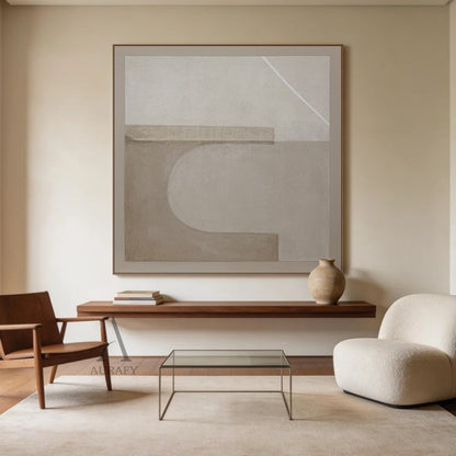 Beige Wabi-Sabi Abstract Textured Japandi Canvas Wall Art AURA731 Living Room Real Scene Display, with gritty grainy matte beige base, two soft-edged hazy light taupe horizontal rectangles placed on the upper area and lower left area, a blurred semi-circular light beige curved shape between the two rectangles, one thin crisp bright white diagonal line at the top right corner, shown hung above a low-profile light beige linen sofa on a warm off-white accent wall in a sunlit Japandi living room as styling refe