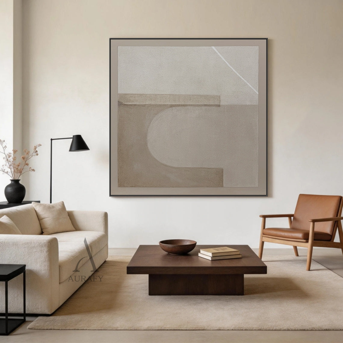 Beige Wabi-Sabi General Abstract Textured Japandi Canvas Wall Art AURA731, with gritty grainy matte beige base, two soft-edged hazy light taupe horizontal rectangles placed on the upper area and lower left area, a blurred semi-circular light beige curved shape between the two rectangles, one thin crisp bright white diagonal line at the top right corner, minimalist neutral wall decor for calm modern, Japandi, wabi-sabi living spaces.