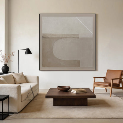 Beige Wabi-Sabi General Abstract Textured Japandi Canvas Wall Art AURA731, with gritty grainy matte beige base, two soft-edged hazy light taupe horizontal rectangles placed on the upper area and lower left area, a blurred semi-circular light beige curved shape between the two rectangles, one thin crisp bright white diagonal line at the top right corner, minimalist neutral wall decor for calm modern, Japandi, wabi-sabi living spaces.