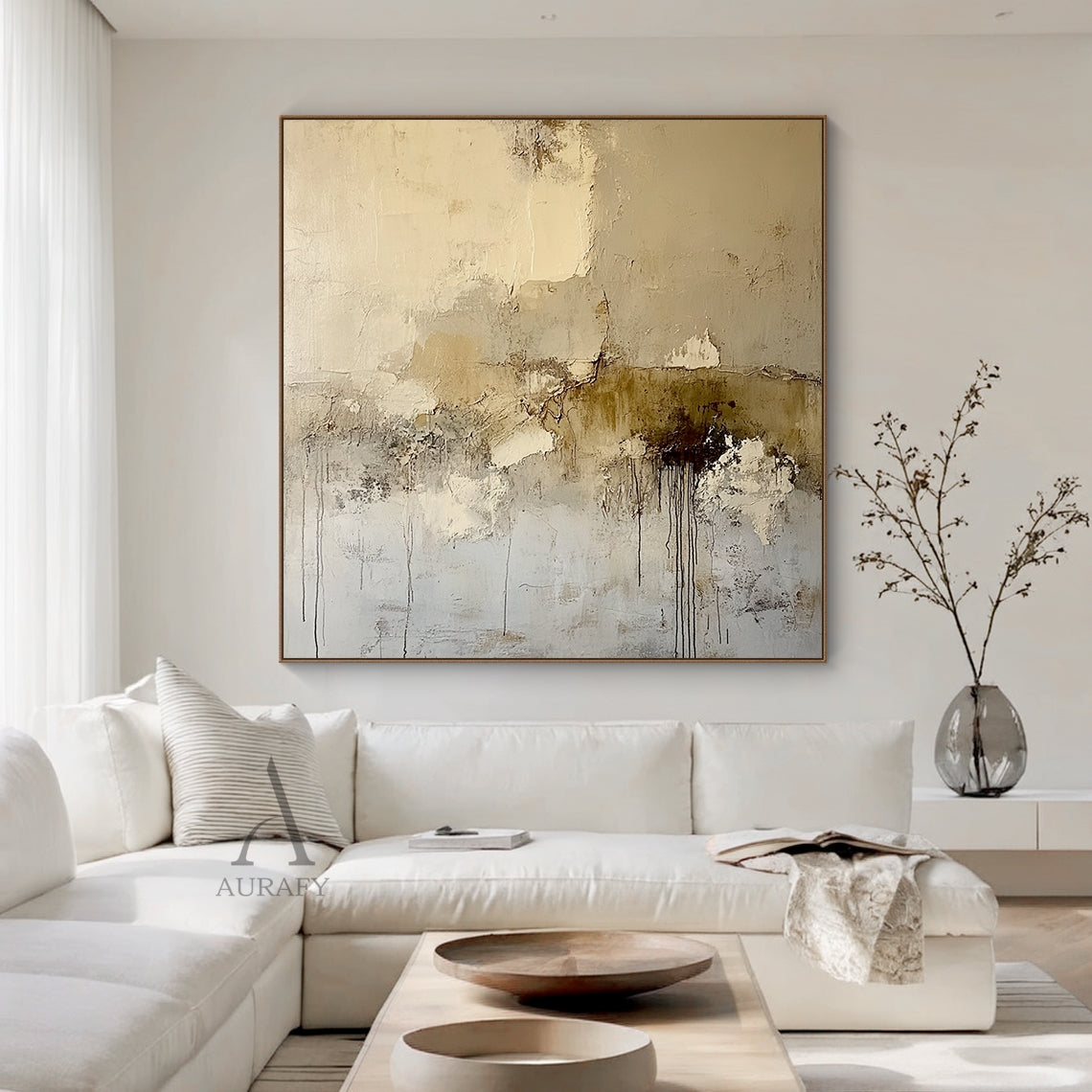 Beige general abstract textured canvas wall art AURA405, with neutral palette including off-white, light beige, warm taupe and tiny deep brown accents. Visible textured details cover the surface: scratch marks on light beige areas, pigment stacking & peeling edges, vertical dark brown paint drips on lower right. No figurative elements, wabi-sabi japandi style for minimalist, organic home decor.