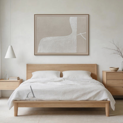 Square beige minimalist abstract canvas wall art displayed in cozy modern living room hanging scene, full grainy textured matte surface, layered soft-edged organic patches in off-white, warm light beige and taupe, faint crossed thin white line accents at the bottom right, monochromatic neutral palette wabi-sabi japandi artwork AURA738, real home styling reference for calm neutral home decor matching.