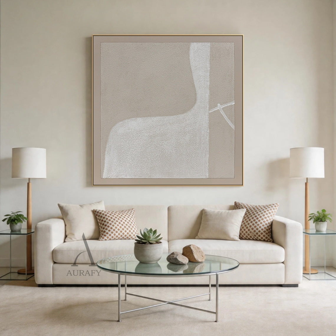 Square beige minimalist abstract canvas wall art, full grainy textured matte surface, layered soft-edged organic patches in off-white, warm light beige and taupe, faint crossed thin white line accents at the bottom right, monochromatic neutral palette wabi-sabi japandi artwork for calm modern home decor, AURA738
