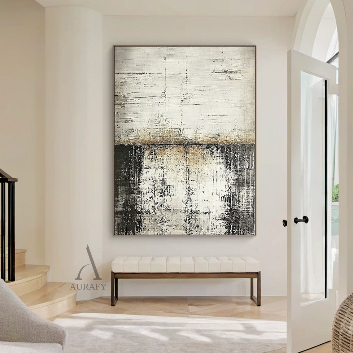 General Abstract Beige Gray Distressed Minimalist Wall Art AURA631, real home scene display hanging on the warm off-white textured accent wall above a light gray linen sofa in a neutral minimalist living room, soft diffused indoor light clearly presents the artwork’s upper section with light gray and warm beige horizontal parallel scratch knife strokes, middle part with mottled seamless beige-gray gradient transition, lower area with deep near-dark gray irregular vertical lines and peeling worn texture, no 