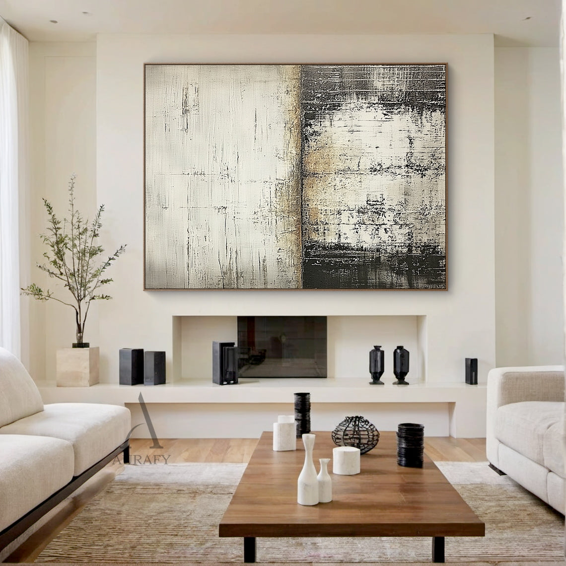 General Abstract Beige Gray Distressed Minimalist Wall Art AURA631, real home scene display hanging on the warm off-white textured accent wall above a light gray linen sofa in a neutral minimalist living room, soft diffused indoor light clearly presents the artwork’s upper section with light gray and warm beige horizontal parallel scratch knife strokes, middle part with mottled seamless beige-gray gradient transition, lower area with deep near-dark gray irregular vertical lines and peeling worn texture, no 