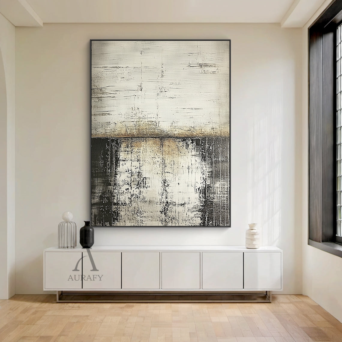 General Abstract Beige Gray Distressed Minimalist Wall Art AURA631, upper section with horizontal parallel scratch knife strokes in light gray and warm beige, middle part with mottled seamless beige-gray gradient transition, lower area features irregular vertical lines and peeling worn texture in deep gray near dark tones, no figurative elements, neutral color palette, contrast between rough and delicate texture, industrial-style abstract artwork with handcrafted finish.
