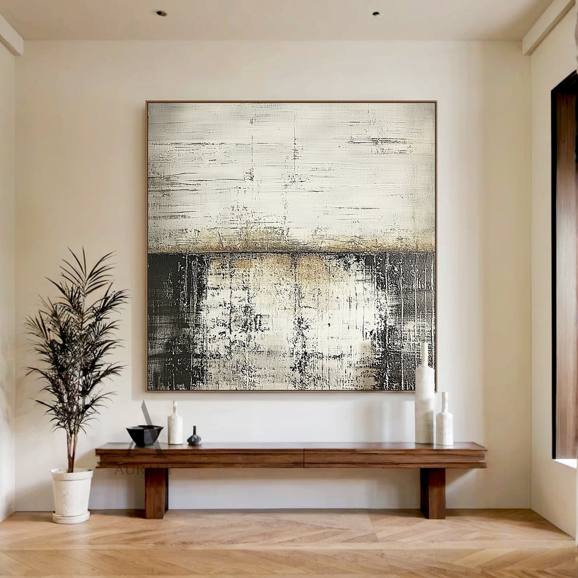 General Abstract Beige Gray Distressed Minimalist Wall Art AURA631, upper section with horizontal parallel scratch knife strokes in light gray and warm beige, middle part with mottled seamless beige-gray gradient transition, lower area features irregular vertical lines and peeling worn texture in deep gray near dark tones, no figurative elements, neutral color palette, contrast between rough and delicate texture, industrial-style abstract artwork with handcrafted finish.