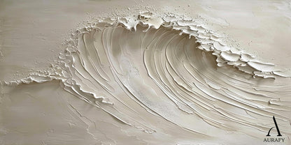 AURAFY beige monochrome high relief impasto canvas wall art mounted on a warm oak accent wall in a sunlit Japandi style bedroom, handcrafted with thick sculpted plaster/heavy acrylic texture to present a vivid rolling cresting sea wave. Multi-layered raised strokes form the soft flowing curve of the wave body, ragged uneven raised edges at the top simulate the foamy splashing of breaking surf, paired with a smooth matte warm beige background. The 3D textured surface produces natural varied light and shadow 