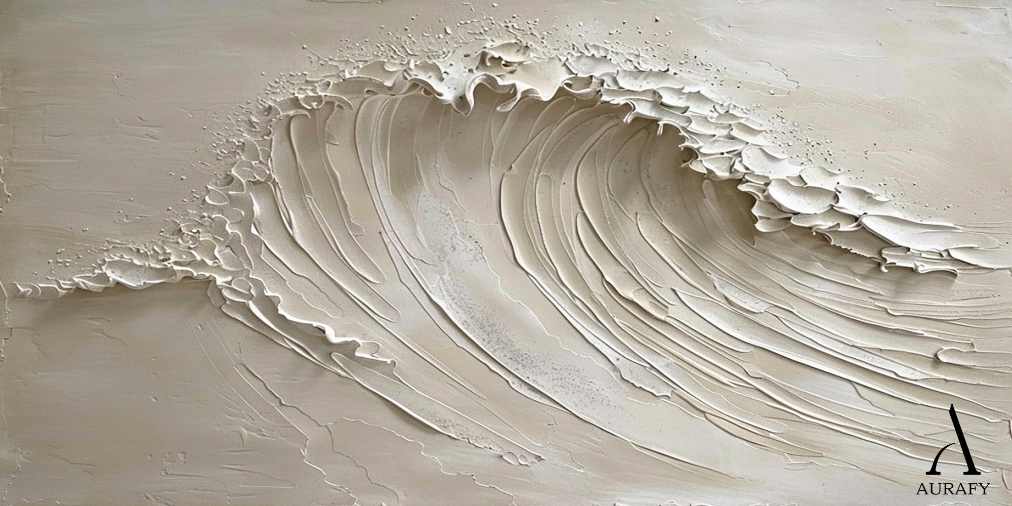 AURAFY beige monochrome high relief impasto canvas wall art hung in a neutral-toned home space, handcrafted with thick sculpted plaster/heavy acrylic texture to present a vivid rolling cresting sea wave. Multi-layered raised strokes form the soft flowing curve of the wave body, ragged uneven raised edges at the top simulate the foamy splashing of breaking surf, paired with a smooth matte warm beige background. The 3D textured surface produces natural varied light and shadow layers under indoor ambient light