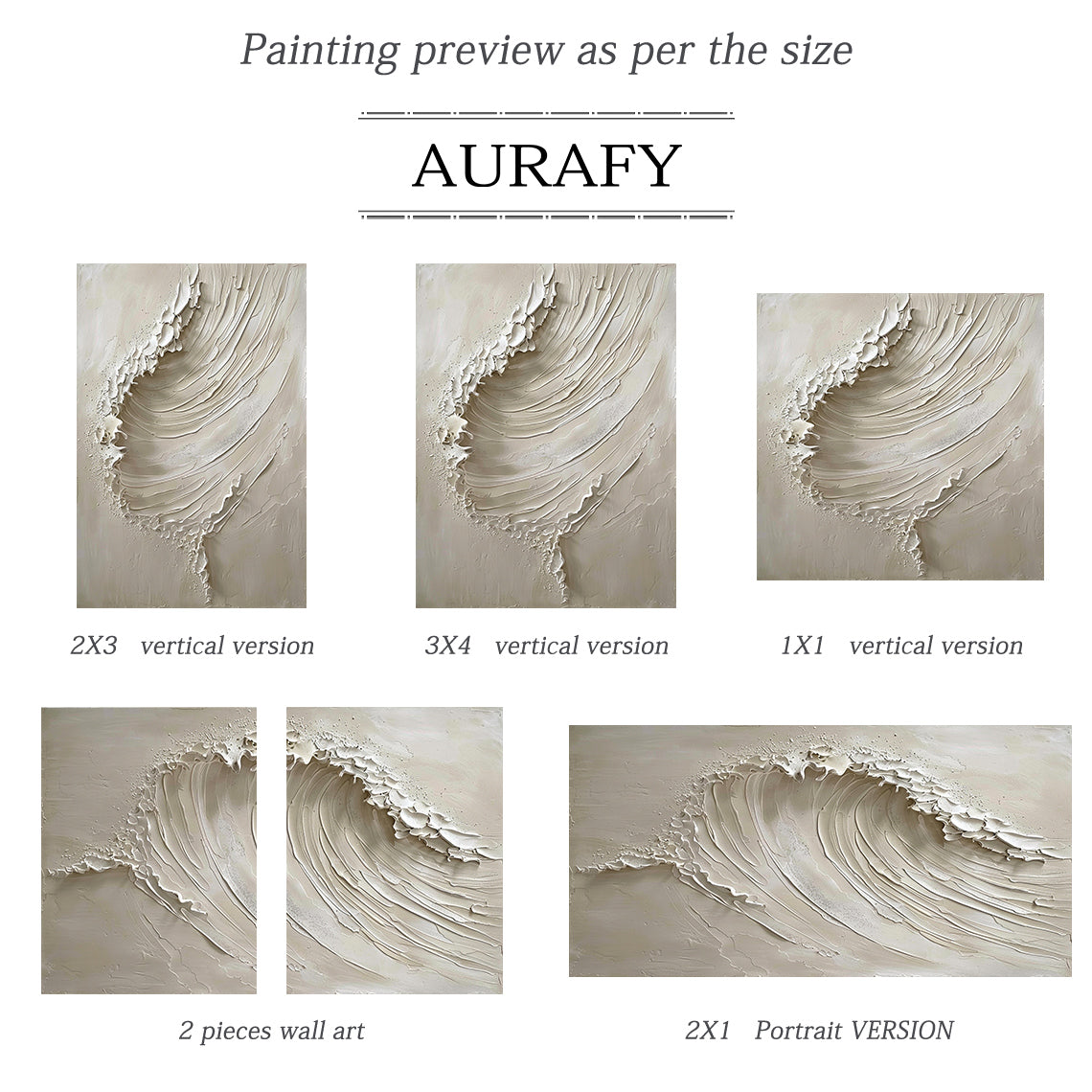 AURAFY beige monochrome high relief impasto canvas wall art hung in a neutral-toned home space, handcrafted with thick sculpted plaster/heavy acrylic texture to present a vivid rolling cresting sea wave. Multi-layered raised strokes form the soft flowing curve of the wave body, ragged uneven raised edges at the top simulate the foamy splashing of breaking surf, paired with a smooth matte warm beige background. The 3D textured surface produces natural varied light and shadow layers under indoor ambient light