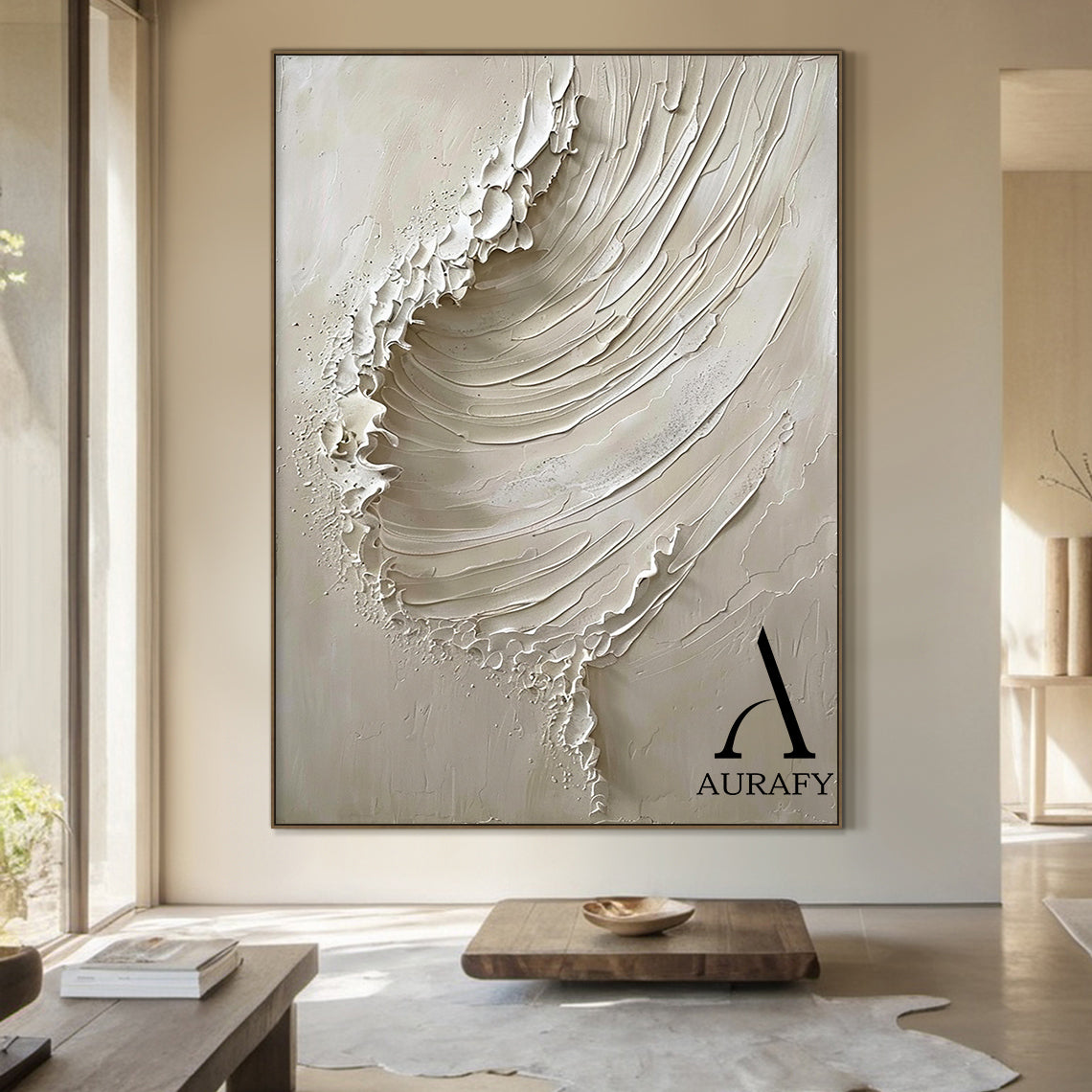 AURAFY beige monochrome high relief impasto canvas wall art, handcrafted with thick sculpted plaster/heavy acrylic texture to recreate a dynamic cresting sea wave. Layered raised strokes form the flowing curve of the wave body, frayed uneven raised edges at the top mimic splashing breaking surf, with a smooth matte warm beige background. The 3D textured surface creates natural light and shadow layers, perfectly fits wabi-sabi, Japandi, minimalist, coastal neutral interior decor styles.