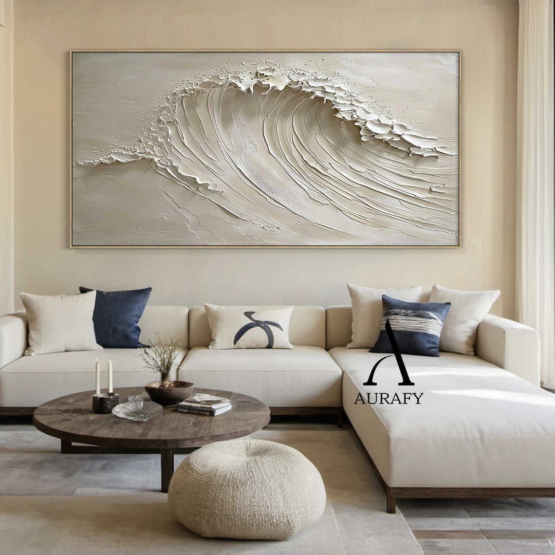 AURAFY beige monochrome high relief impasto canvas wall art, handcrafted with thick sculpted plaster/heavy acrylic texture to recreate a dynamic cresting sea wave. Layered raised strokes form the flowing curve of the wave body, frayed uneven raised edges at the top mimic splashing breaking surf, with a smooth matte warm beige background. The 3D textured surface creates natural light and shadow layers, perfectly fits wabi-sabi, Japandi, minimalist, coastal neutral interior decor styles.