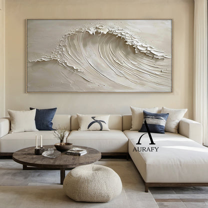 AURAFY beige monochrome high relief impasto canvas wall art, handcrafted with thick sculpted plaster/heavy acrylic texture to recreate a dynamic cresting sea wave. Layered raised strokes form the flowing curve of the wave body, frayed uneven raised edges at the top mimic splashing breaking surf, with a smooth matte warm beige background. The 3D textured surface creates natural light and shadow layers, perfectly fits wabi-sabi, Japandi, minimalist, coastal neutral interior decor styles.