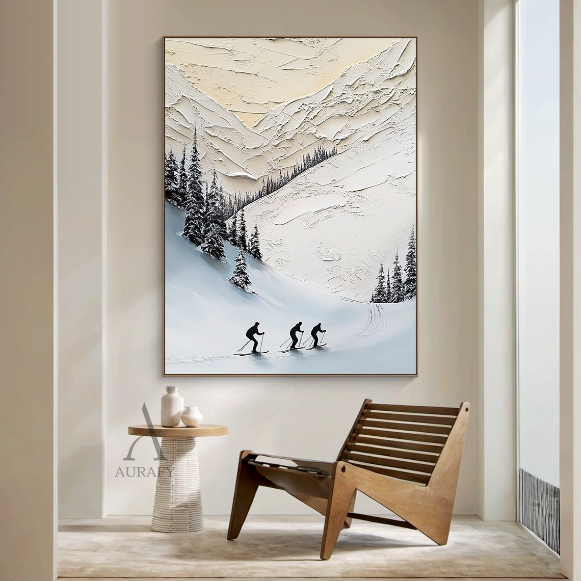 Impasto knife textured winter alpine ski landscape canvas wall art, with pale cool gray soft dusk sky at the top as background. Thick raised paint strokes sculpt wind-sculpted fluffy snow-covered mountain shoulders, crisscrossed ski tracks clearly visible on the gently sloping snow surface. Scattered dark evergreen pines covered with thick snow dot both sides of the winding ski trail, 4 black skier silhouettes carving downhill along the snow path side by side. It adopts a low-saturation palette of muted gra