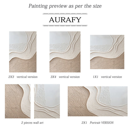 Aurafy AURA539 minimalist beige wall art, plaster textured high relief abstract canvas artwork. Displays the piece hung above a low oak sideboard against a soft white wall, its monochromatic soft gradient from cool off-white to warm light khaki beige blends seamlessly with neutral linen and jute decor accents, the organic undulating flowing curves inspired by wind-swept sand dunes and gentle shore slopes cast subtle soft shadows under ambient light, highlighting the raised impasto surface with fine linear s