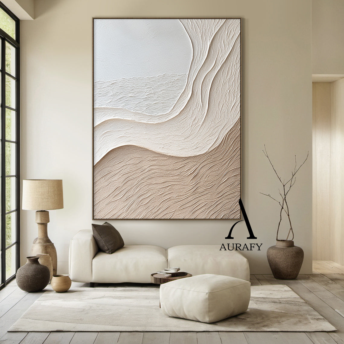 Aurafy AURA539 minimalist beige wall art, plaster textured high relief abstract canvas artwork. Features monochromatic soft gradient from cool off-white to warm light khaki beige, organic undulating flowing curves inspired by wind-swept sand dunes and gentle shore slopes. Raised impasto surface with fine linear sand-like wavy tactile textures, no sharp edges, fits Japandi, wabi sabi, Scandinavian, modern neutral home decor styles.