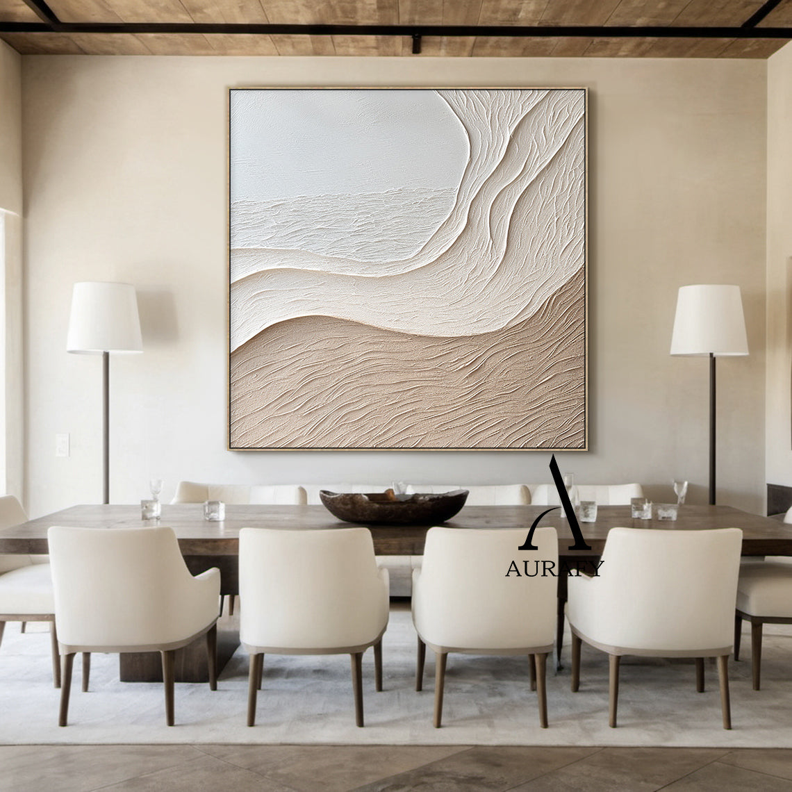 Aurafy AURA539 minimalist beige wall art, plaster textured high relief abstract canvas artwork. Features monochromatic soft gradient from cool off-white to warm light khaki beige, organic undulating flowing curves inspired by wind-swept sand dunes and gentle shore slopes. Raised impasto surface with fine linear sand-like wavy tactile textures, no sharp edges, fits Japandi, wabi sabi, Scandinavian, modern neutral home decor styles.