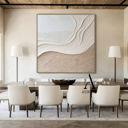 Aurafy AURA539 minimalist beige wall art, plaster textured high relief abstract canvas artwork. Features monochromatic soft gradient from cool off-white to warm light khaki beige, organic undulating flowing curves inspired by wind-swept sand dunes and gentle shore slopes. Raised impasto surface with fine linear sand-like wavy tactile textures, no sharp edges, fits Japandi, wabi sabi, Scandinavian, modern neutral home decor styles.
