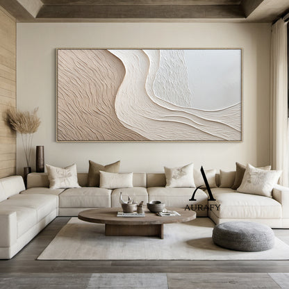 Aurafy AURA539 minimalist beige wall art, plaster textured high relief abstract canvas artwork. Features monochromatic soft gradient from cool off-white to warm light khaki beige, organic undulating flowing curves inspired by wind-swept sand dunes and gentle shore slopes. Raised impasto surface with fine linear sand-like wavy tactile textures, no sharp edges, fits Japandi, wabi sabi, Scandinavian, modern neutral home decor styles.