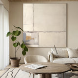 Beige Abstract Art Plaster Textured Japandi Minimalist Handmade Geometric Lines Tactile Canvas AURA490