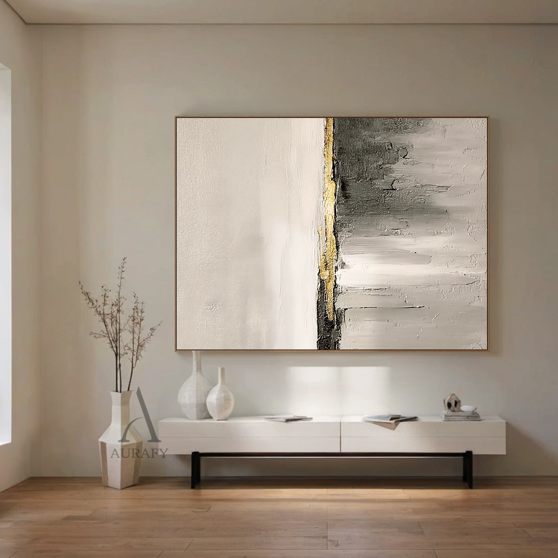 Hand-painted beige general abstract impasto canvas wall art AURA718, upper section is soft warm off-white and light beige with subtle thick paint grain texture, central horizontal matte charcoal stripe is accented with raised grainy metallic gold thick paint band as focal point, lower area is gradient gray from light beige gray to dark charcoal with vertical sweeping brushstrokes, natural cracked rough texture, wabi-sabi japandi minimalist style for neutral home space decoration