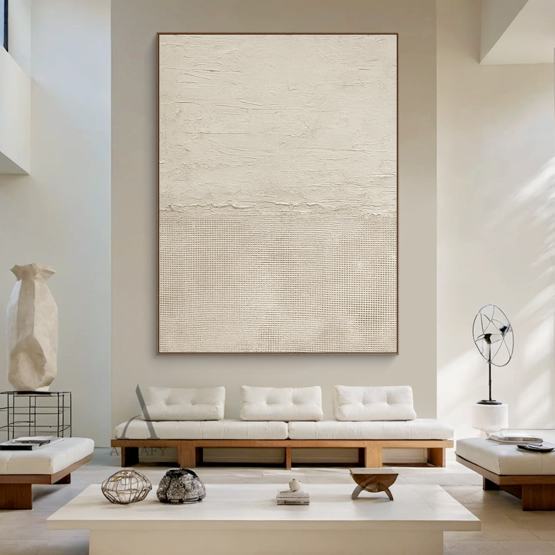 Beige general abstract wabi-sabi wall art, upper part features light creamy off-white thick impasto plaster-like rough horizontal textured finish with subtle organic imperfections, lower part comes with slightly deeper warm beige fine linen grid woven texture, connected by a raw uneven handcrafted torn-edge seam, monochromatic neutral tactile canvas artwork for Japandi minimalist home decor, SKU AURA722