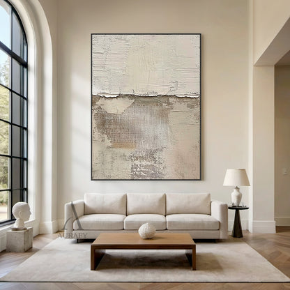 Beige abstract impasto artwork, upper section features stacked light beige and off-white thick paint layers with naturally cracked, peeling edges presenting a delicate time-worn effect, lower part exposes raw grid canvas texture, scattered light brown and pale gray mottled distressed marks across the surface, wabi-sabi modern organic tactile wall art for warm neutral home decor, muted Japandi dining room, cozy minimalist reading nook, compact apartment entryway accent styling.