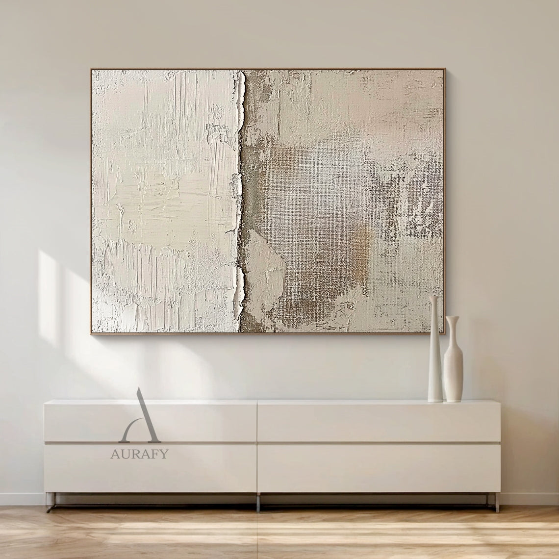 Beige abstract impasto artwork, upper section features stacked light beige and off-white thick paint layers with naturally cracked, peeling edges presenting a delicate time-worn effect, lower part exposes raw grid canvas texture, scattered light brown and pale gray mottled distressed marks across the surface, wabi-sabi modern organic tactile wall art for warm neutral home decor, muted Japandi dining room, cozy minimalist reading nook, compact apartment entryway accent styling.