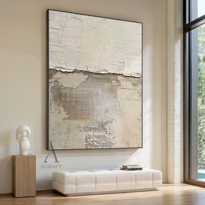 Beige abstract impasto artwork, upper section features stacked light beige and off-white thick paint layers with naturally cracked, peeling edges presenting a delicate time-worn effect, lower part exposes raw grid canvas texture, scattered light brown and pale gray mottled distressed marks across the surface, wabi-sabi modern organic tactile wall art for creamy warm neutral home decor, oak-toned Japandi bedroom above headboard display, light vintage home studio wall accent, small urban rental apartment livi
